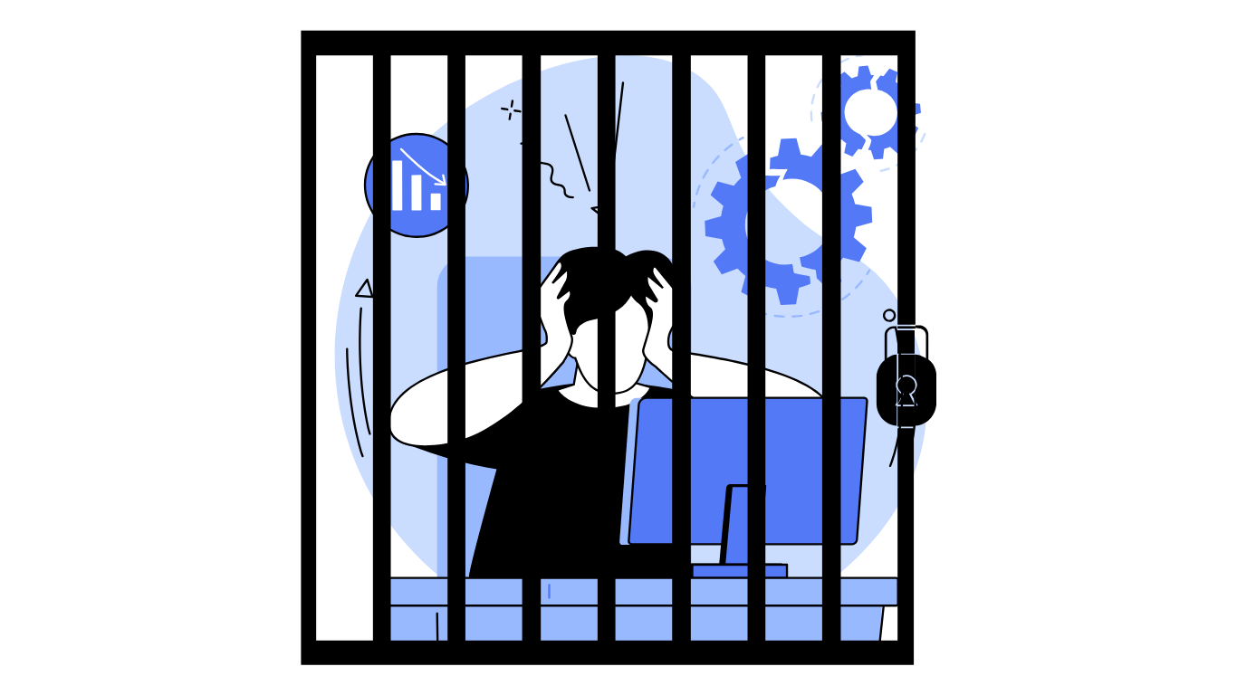Person frustrated by computer behind jail bars